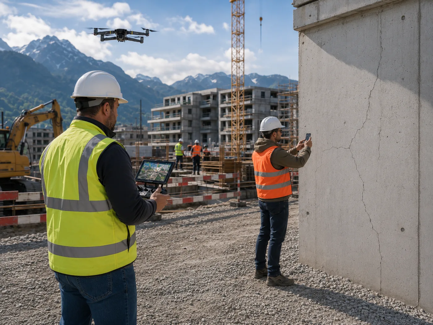 Ingénieurs documentant un chantier : drone et relevé photo d'une fissure