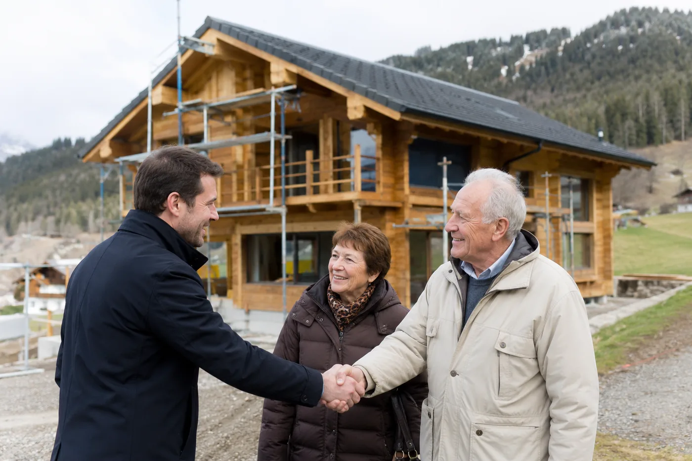 Poignée de main entre un ingénieur et des voisins devant un chalet en construction