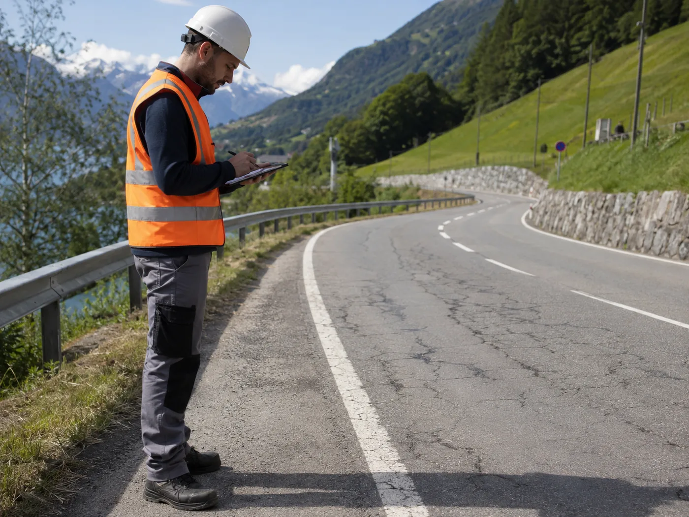 Ingénieur relevant l'état d'une route de montagne fissurée